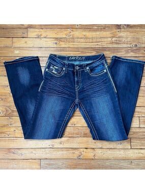 CARRELI blue jeans sequin mid rise tall flare leg wide size 30 coastal cowgirl